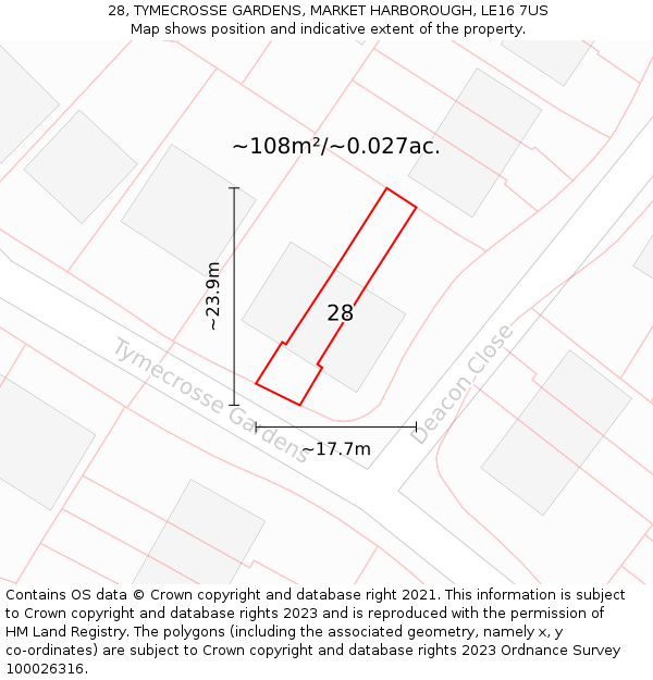 28, TYMECROSSE GARDENS, MARKET HARBOROUGH, LE16 7US: Plot and title map