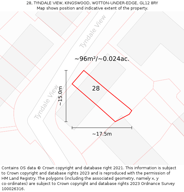 28, TYNDALE VIEW, KINGSWOOD, WOTTON-UNDER-EDGE, GL12 8RY: Plot and title map