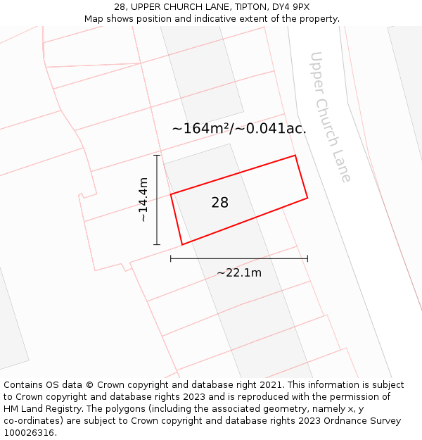 28, UPPER CHURCH LANE, TIPTON, DY4 9PX: Plot and title map