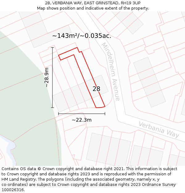 28, VERBANIA WAY, EAST GRINSTEAD, RH19 3UP: Plot and title map