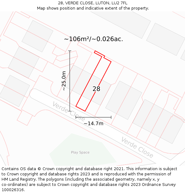 28, VERDE CLOSE, LUTON, LU2 7FL: Plot and title map