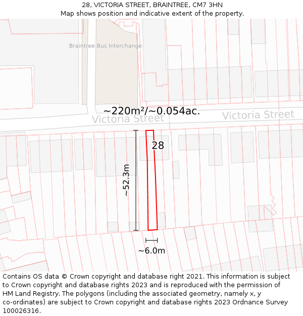28, VICTORIA STREET, BRAINTREE, CM7 3HN: Plot and title map
