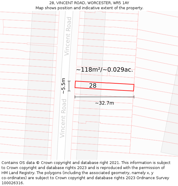28, VINCENT ROAD, WORCESTER, WR5 1AY: Plot and title map