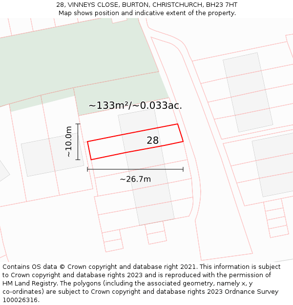 28, VINNEYS CLOSE, BURTON, CHRISTCHURCH, BH23 7HT: Plot and title map