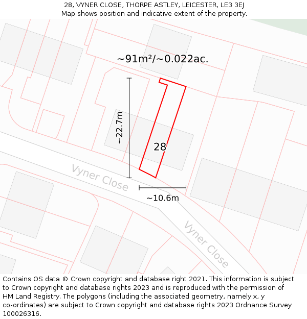 28, VYNER CLOSE, THORPE ASTLEY, LEICESTER, LE3 3EJ: Plot and title map