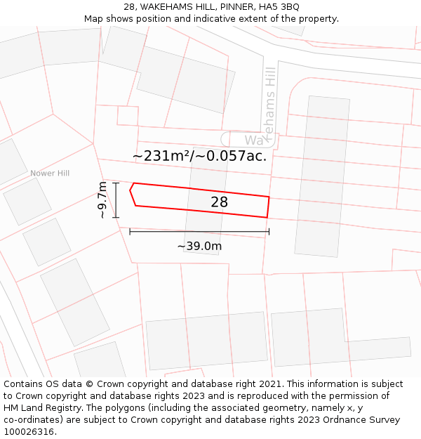 28, WAKEHAMS HILL, PINNER, HA5 3BQ: Plot and title map