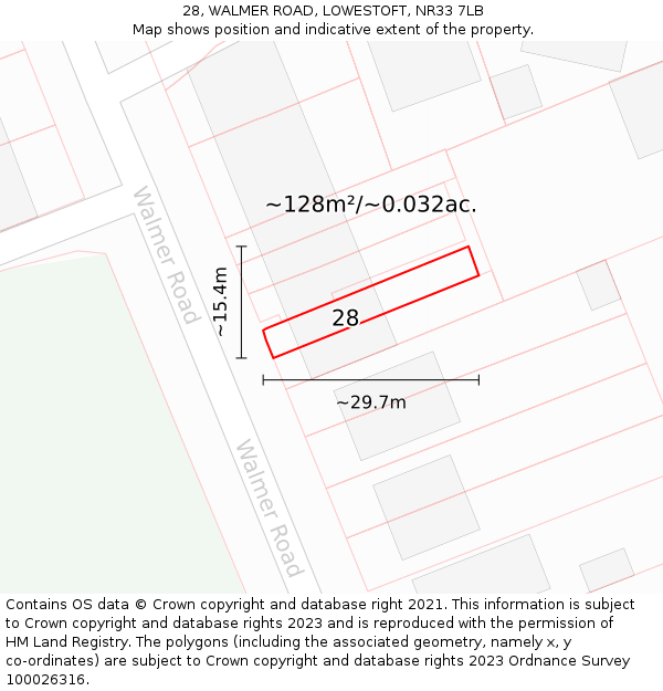 28, WALMER ROAD, LOWESTOFT, NR33 7LB: Plot and title map
