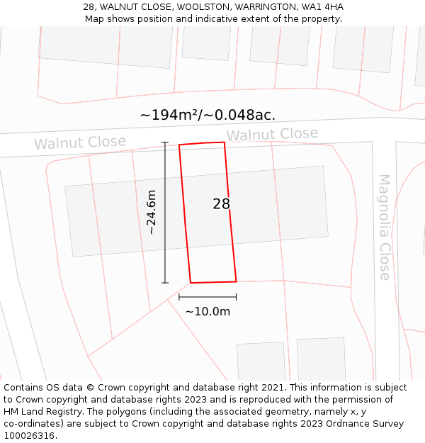 28, WALNUT CLOSE, WOOLSTON, WARRINGTON, WA1 4HA: Plot and title map