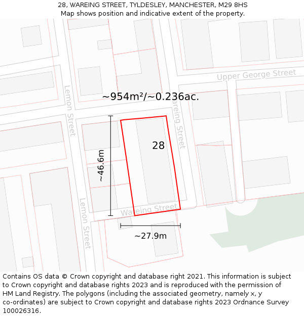28, WAREING STREET, TYLDESLEY, MANCHESTER, M29 8HS: Plot and title map