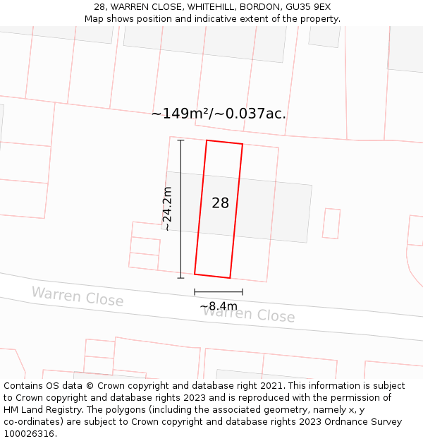 28, WARREN CLOSE, WHITEHILL, BORDON, GU35 9EX: Plot and title map
