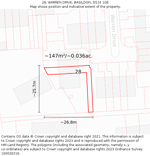 28, WARREN DRIVE, BASILDON, SS14 1GE: Plot and title map
