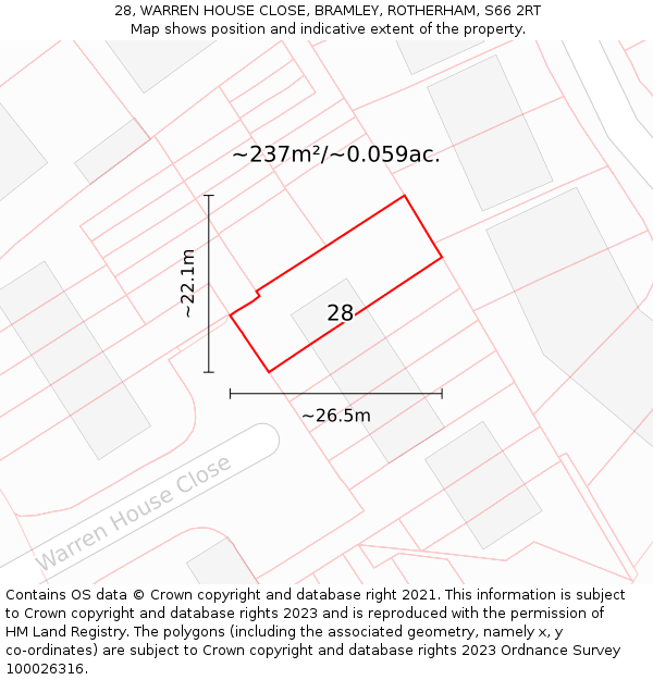 28, WARREN HOUSE CLOSE, BRAMLEY, ROTHERHAM, S66 2RT: Plot and title map