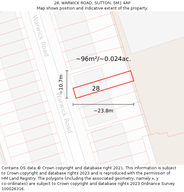 28, WARWICK ROAD, SUTTON, SM1 4AP: Plot and title map
