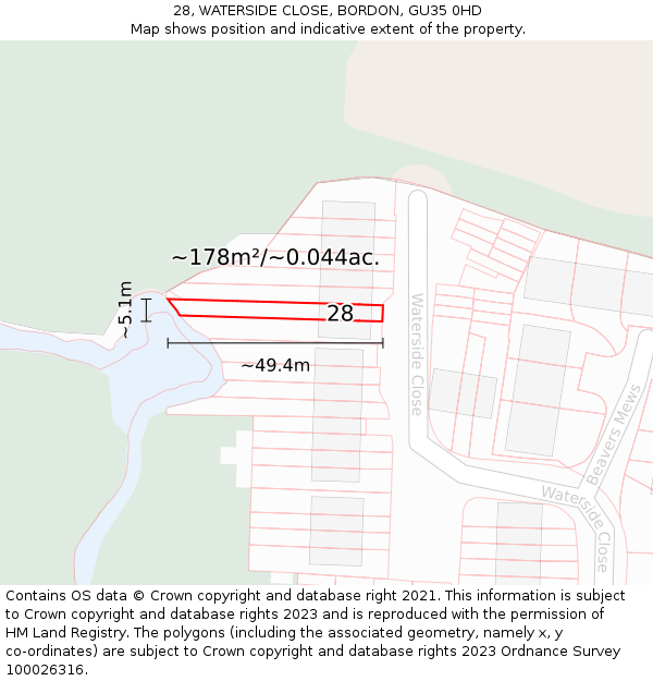 28, WATERSIDE CLOSE, BORDON, GU35 0HD: Plot and title map