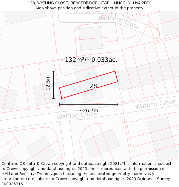 28, WATLING CLOSE, BRACEBRIDGE HEATH, LINCOLN, LN4 2BD: Plot and title map