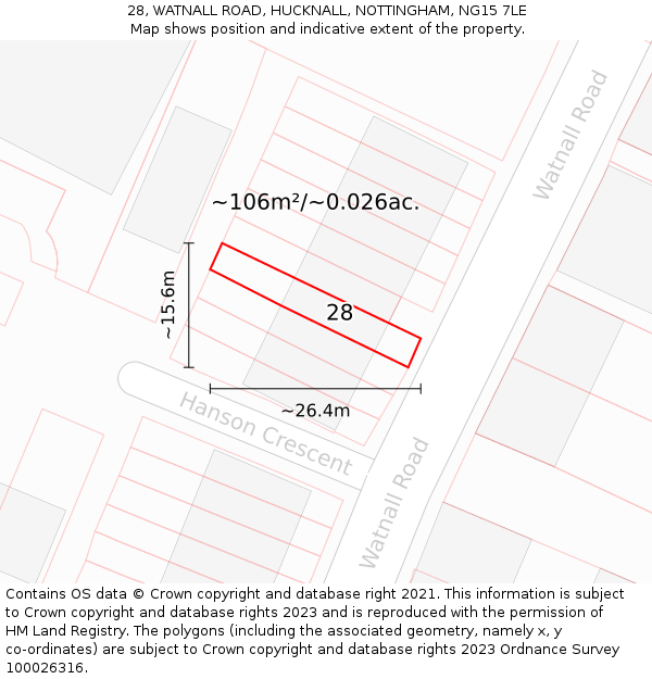 28, WATNALL ROAD, HUCKNALL, NOTTINGHAM, NG15 7LE: Plot and title map