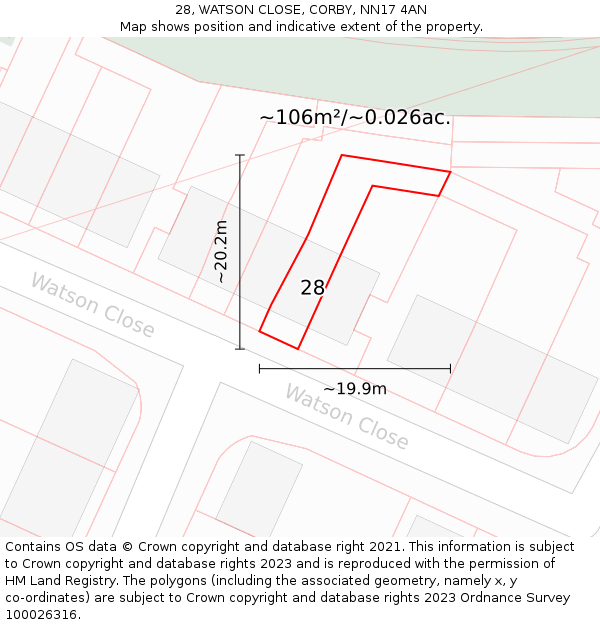 28, WATSON CLOSE, CORBY, NN17 4AN: Plot and title map