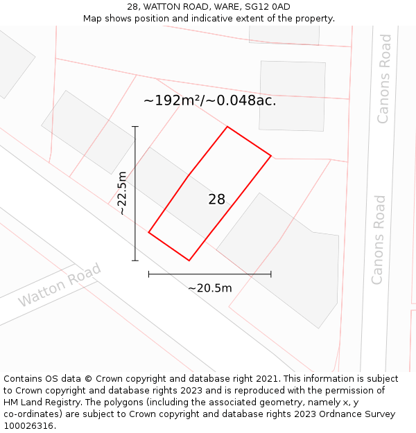 28, WATTON ROAD, WARE, SG12 0AD: Plot and title map