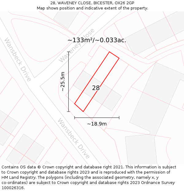 28, WAVENEY CLOSE, BICESTER, OX26 2GP: Plot and title map