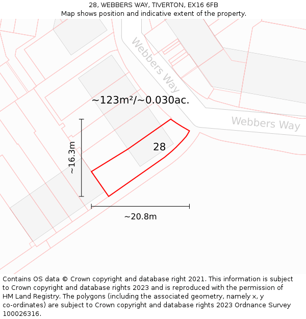 28, WEBBERS WAY, TIVERTON, EX16 6FB: Plot and title map