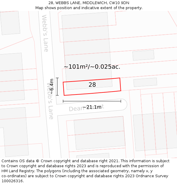 28, WEBBS LANE, MIDDLEWICH, CW10 9DN: Plot and title map