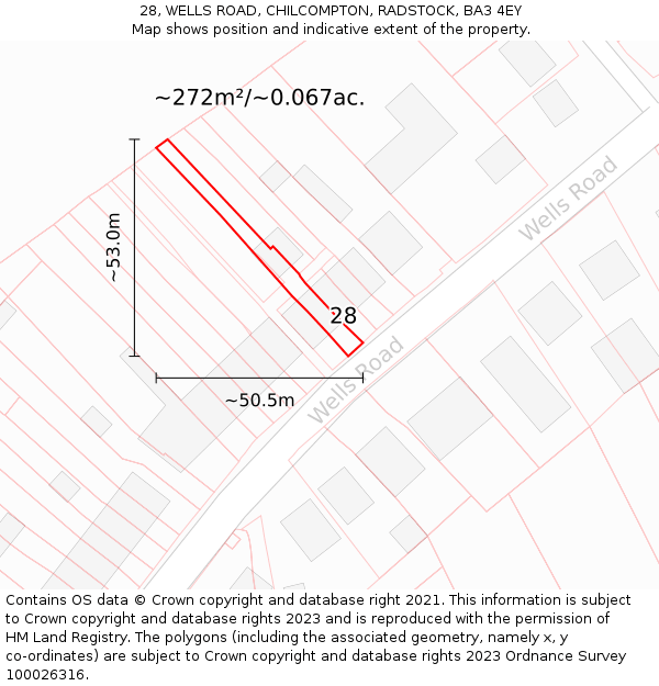 28, WELLS ROAD, CHILCOMPTON, RADSTOCK, BA3 4EY: Plot and title map