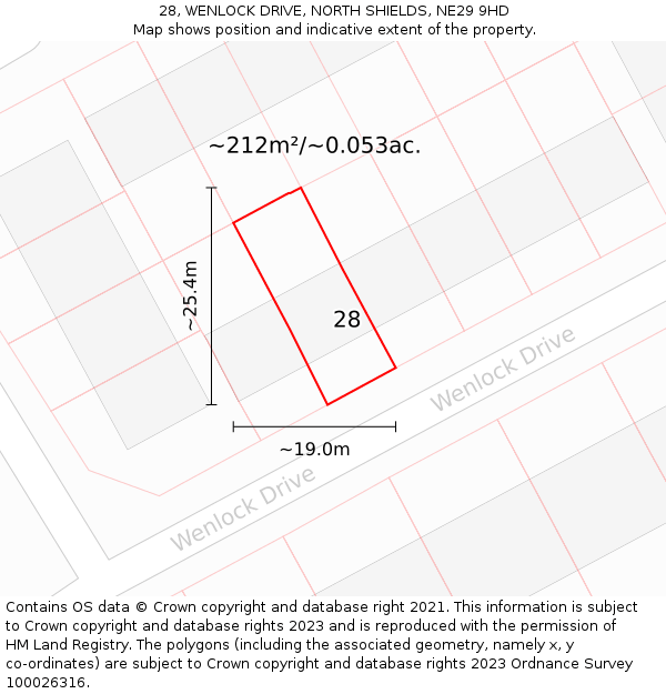 28, WENLOCK DRIVE, NORTH SHIELDS, NE29 9HD: Plot and title map