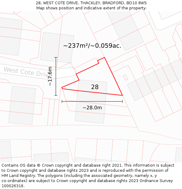 28, WEST COTE DRIVE, THACKLEY, BRADFORD, BD10 8WS: Plot and title map