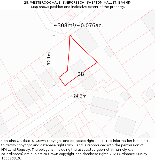 28, WESTBROOK VALE, EVERCREECH, SHEPTON MALLET, BA4 6JN: Plot and title map