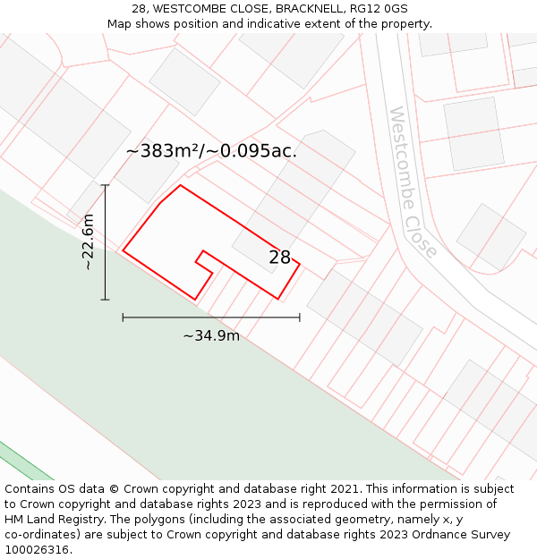 28, WESTCOMBE CLOSE, BRACKNELL, RG12 0GS: Plot and title map