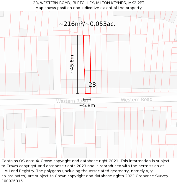 28, WESTERN ROAD, BLETCHLEY, MILTON KEYNES, MK2 2PT: Plot and title map
