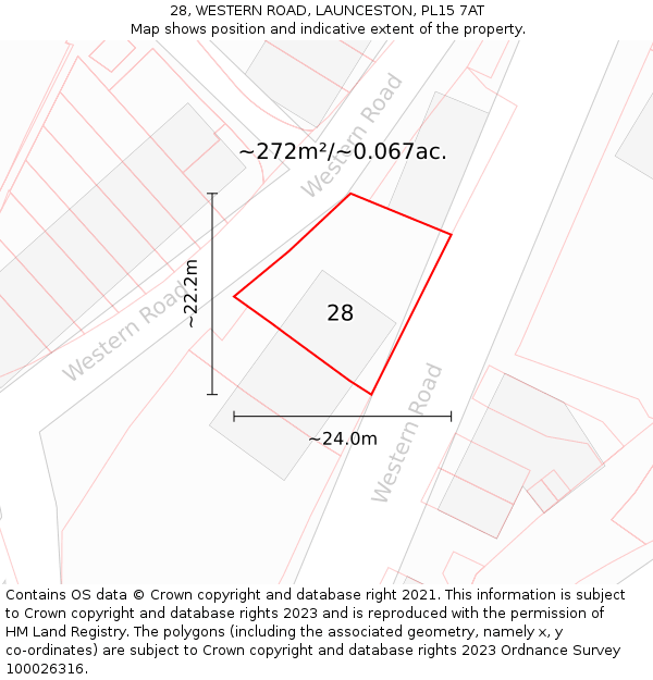 28, WESTERN ROAD, LAUNCESTON, PL15 7AT: Plot and title map