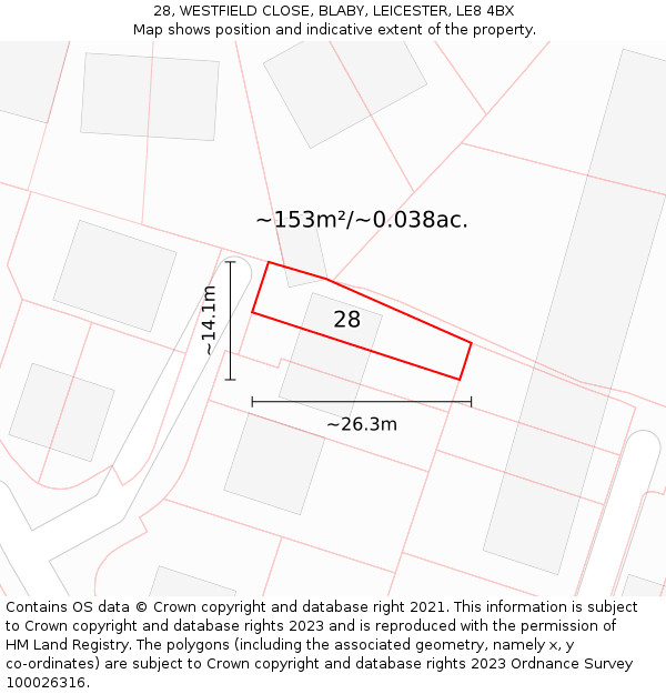 28, WESTFIELD CLOSE, BLABY, LEICESTER, LE8 4BX: Plot and title map