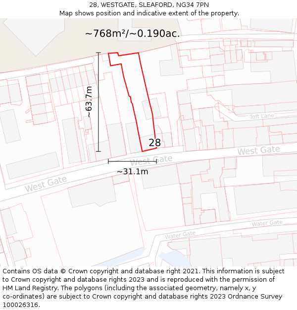 28, WESTGATE, SLEAFORD, NG34 7PN: Plot and title map