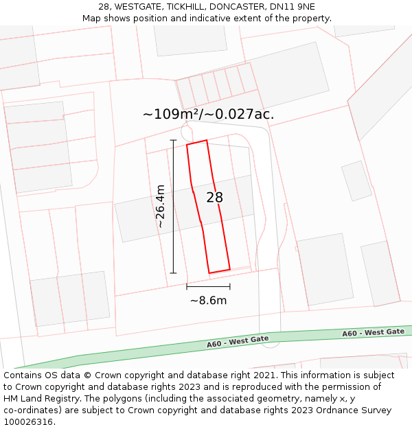 28, WESTGATE, TICKHILL, DONCASTER, DN11 9NE: Plot and title map