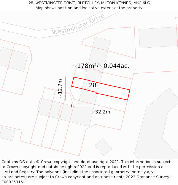 28, WESTMINSTER DRIVE, BLETCHLEY, MILTON KEYNES, MK3 6LG: Plot and title map