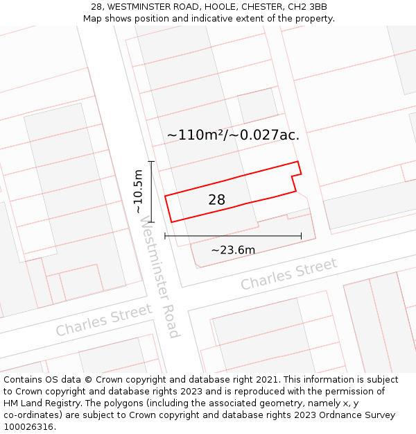 28, WESTMINSTER ROAD, HOOLE, CHESTER, CH2 3BB: Plot and title map