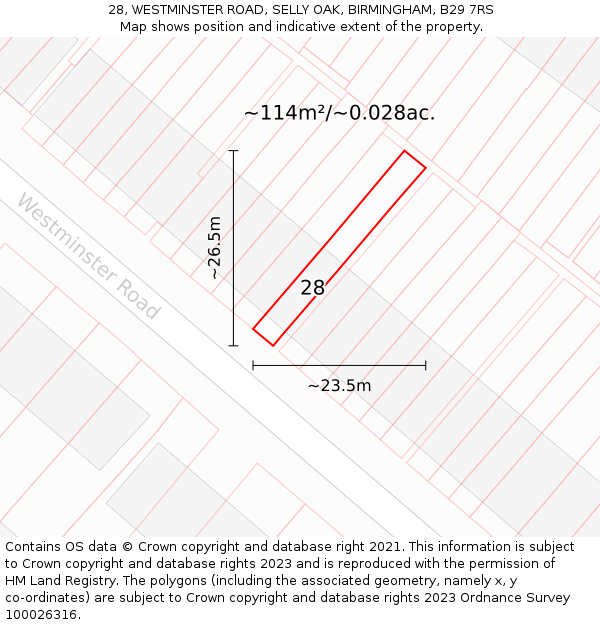 28, WESTMINSTER ROAD, SELLY OAK, BIRMINGHAM, B29 7RS: Plot and title map