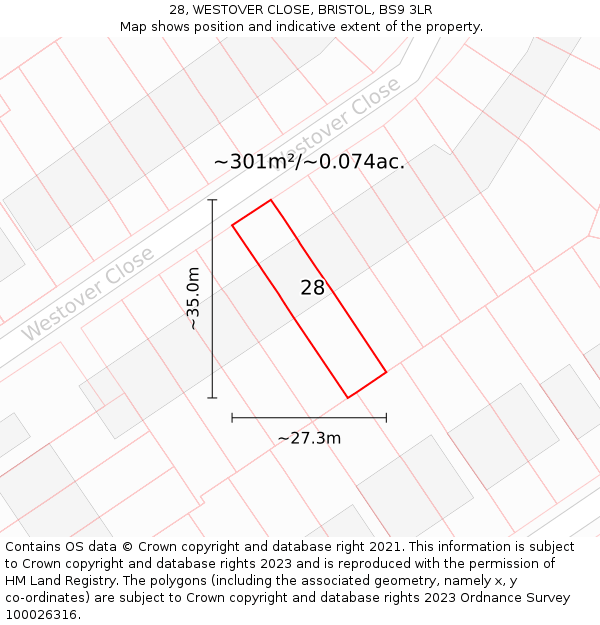 28, WESTOVER CLOSE, BRISTOL, BS9 3LR: Plot and title map