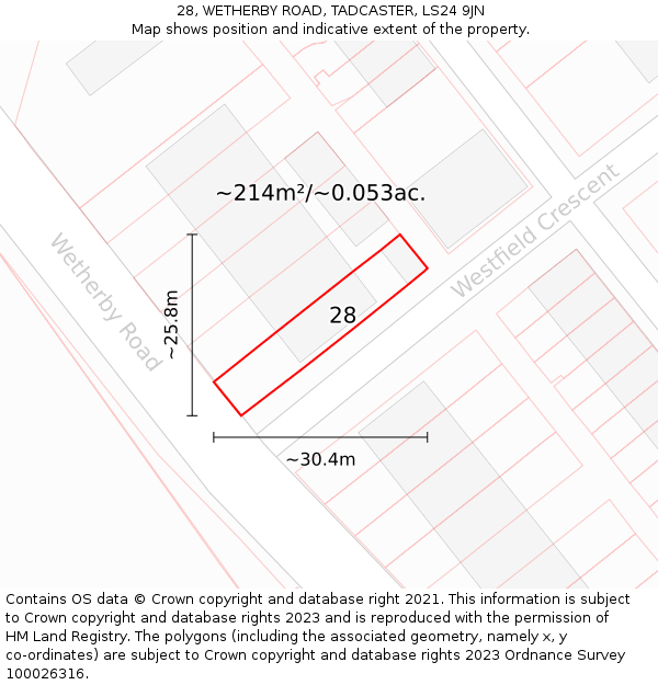 28, WETHERBY ROAD, TADCASTER, LS24 9JN: Plot and title map