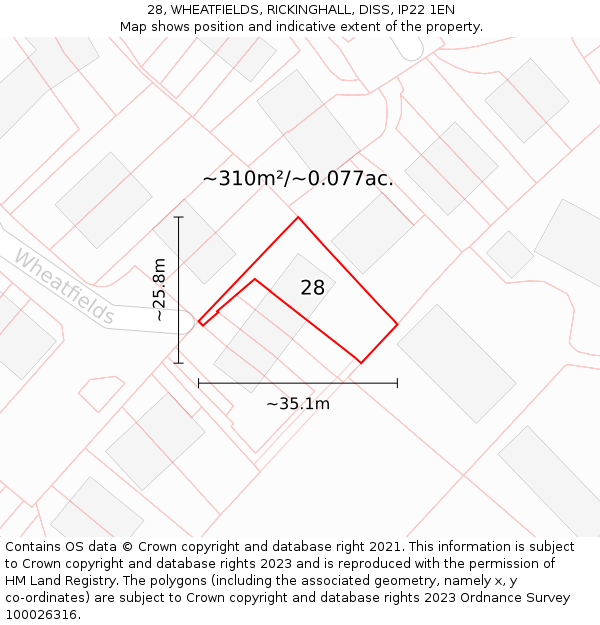28, WHEATFIELDS, RICKINGHALL, DISS, IP22 1EN: Plot and title map