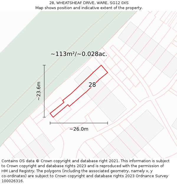 28, WHEATSHEAF DRIVE, WARE, SG12 0XS: Plot and title map