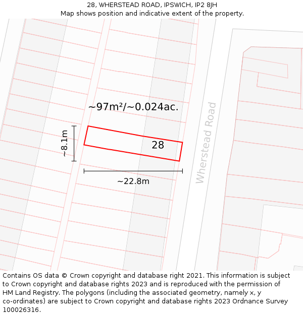 28, WHERSTEAD ROAD, IPSWICH, IP2 8JH: Plot and title map