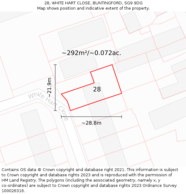 28, WHITE HART CLOSE, BUNTINGFORD, SG9 9DG: Plot and title map