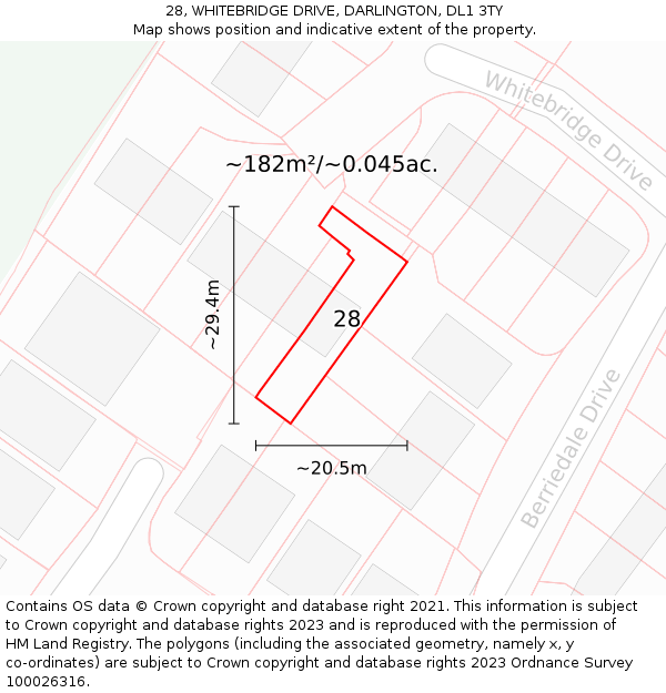 28, WHITEBRIDGE DRIVE, DARLINGTON, DL1 3TY: Plot and title map