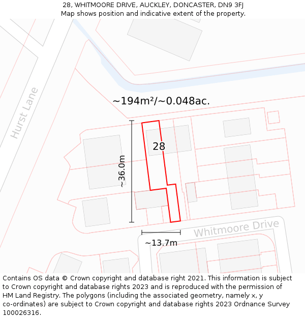 28, WHITMOORE DRIVE, AUCKLEY, DONCASTER, DN9 3FJ: Plot and title map