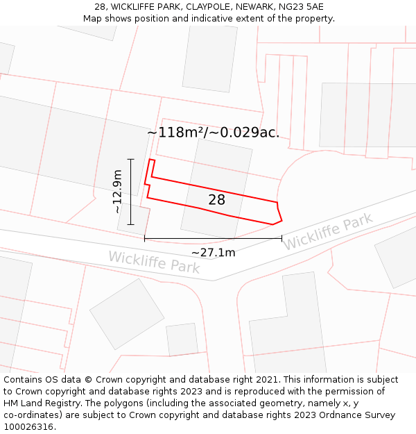 28, WICKLIFFE PARK, CLAYPOLE, NEWARK, NG23 5AE: Plot and title map