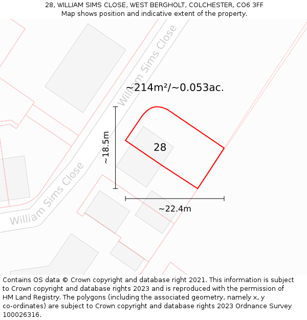 28, WILLIAM SIMS CLOSE, WEST BERGHOLT, COLCHESTER, CO6 3FF: Plot and title map