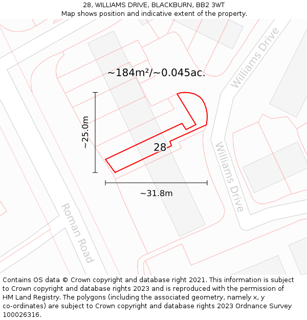 28, WILLIAMS DRIVE, BLACKBURN, BB2 3WT: Plot and title map