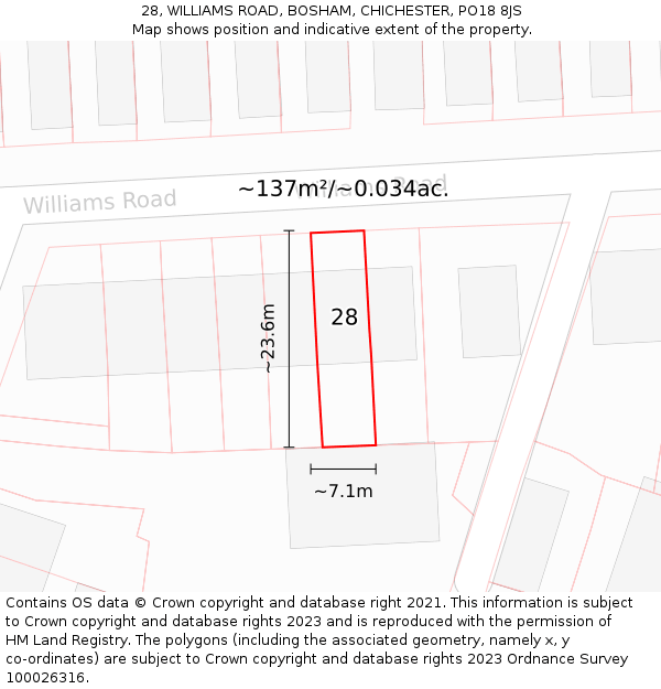 28, WILLIAMS ROAD, BOSHAM, CHICHESTER, PO18 8JS: Plot and title map